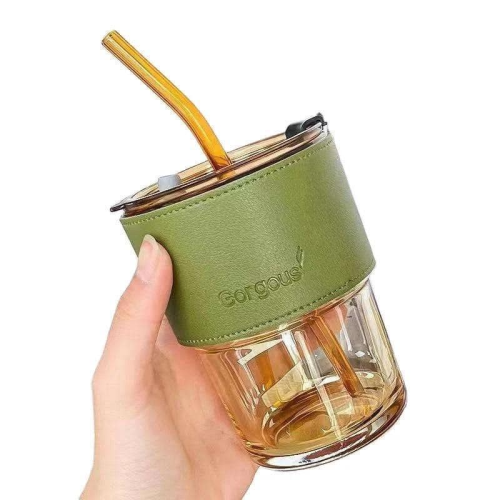 Tasses à café en verre avec paille et couvercle - Verte