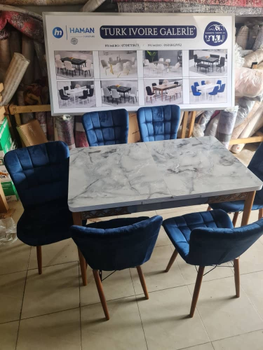 Salle à manger en bois extensible avec 06 fauteuils confort couleur Bleue