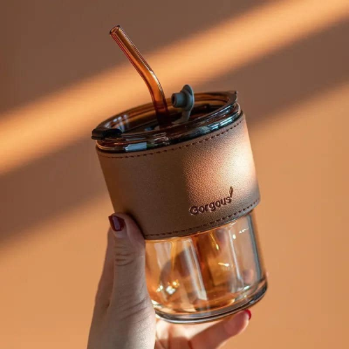 Tasses à café en verre avec paille et couvercle - Marron
