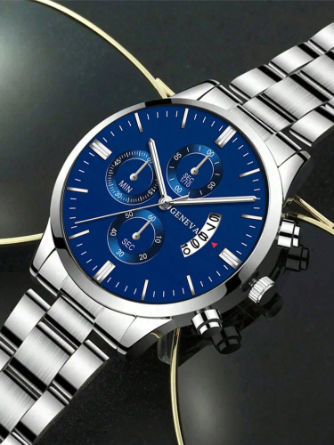 Ensemble de 3 Pièces pour Homme : Montre à Quartz, Bracelet et Collier Pendentif Croix en Acier Inoxydable