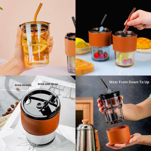 Tasses à café en verre avec paille et couvercle